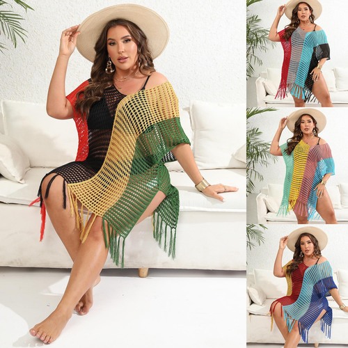 Ladies' Beach Resort Cover-Up: Plus-Size European & American-Style Women's Colorblock Patchwork Hollowed-Out Woven Top with a Sexy Dress Design