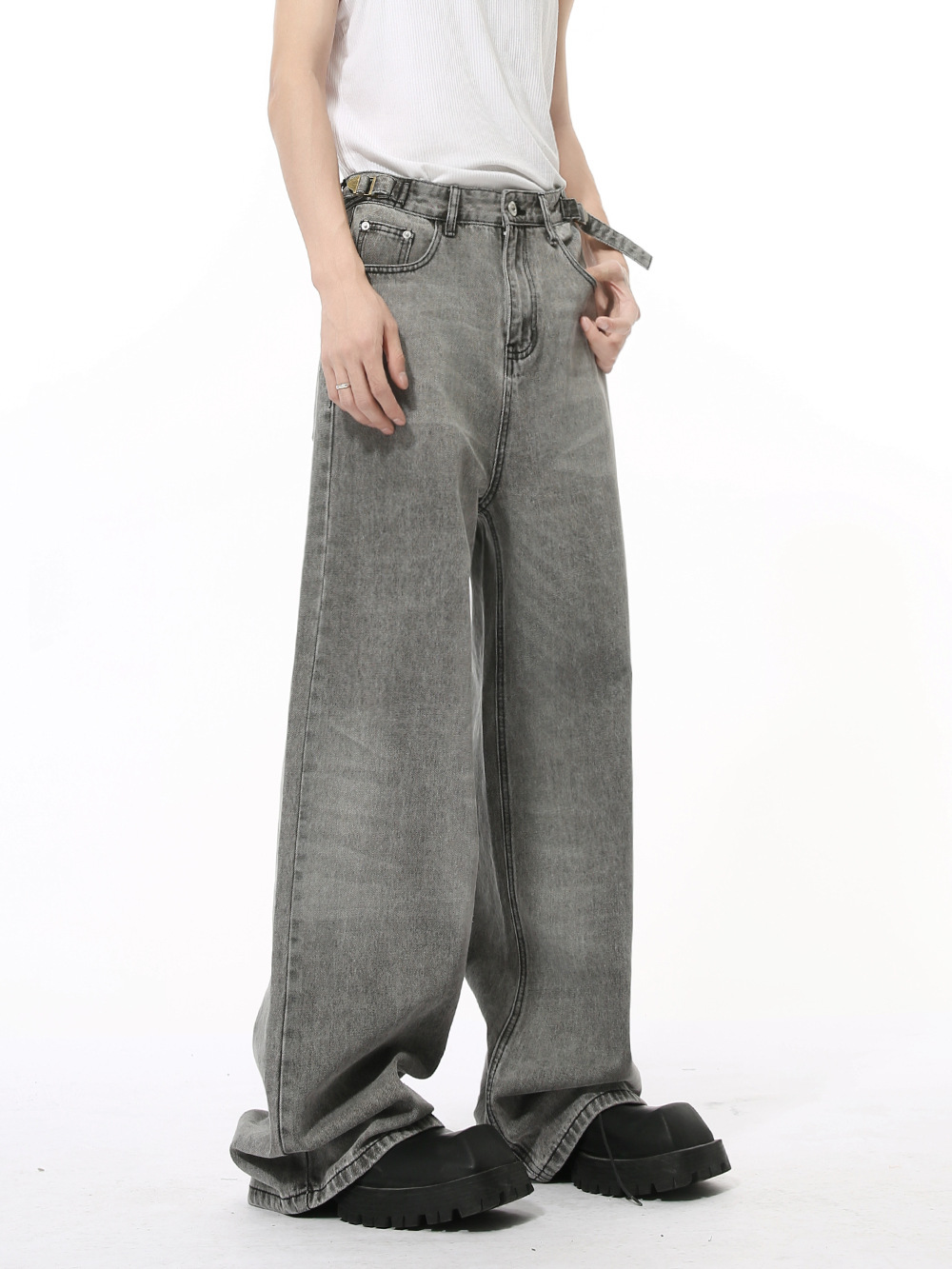 MTLCLOTHES Hombres| Otoño nuevo nicho retró cinturón ajustable rectas sueltas jeans grises