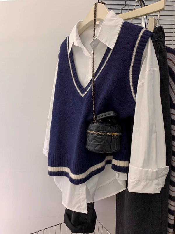 灰色v领韩系针织马甲背心女春秋季新款坎肩毛衣宽松叠穿无袖上衣|undefined