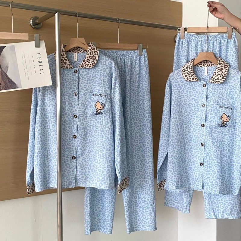卡通黑皮kt带胸垫云感棉睡衣女长袖长裤家居服可外穿女生两件套装|undefined