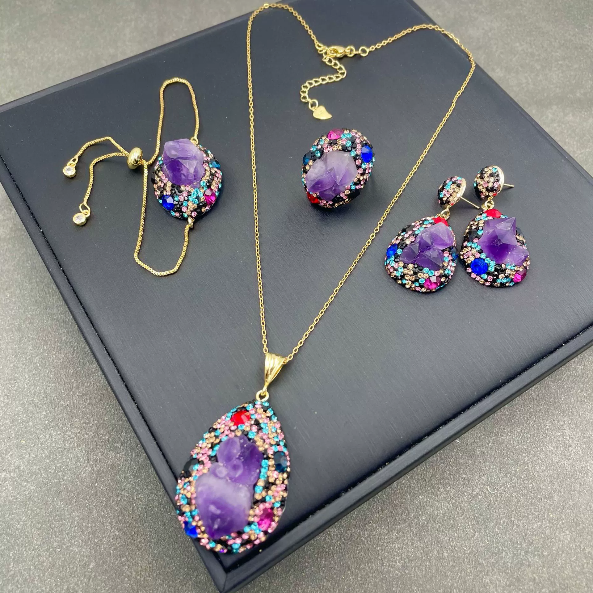 Organic retro set with amethyst, diamond, accessory, European style, wholesale