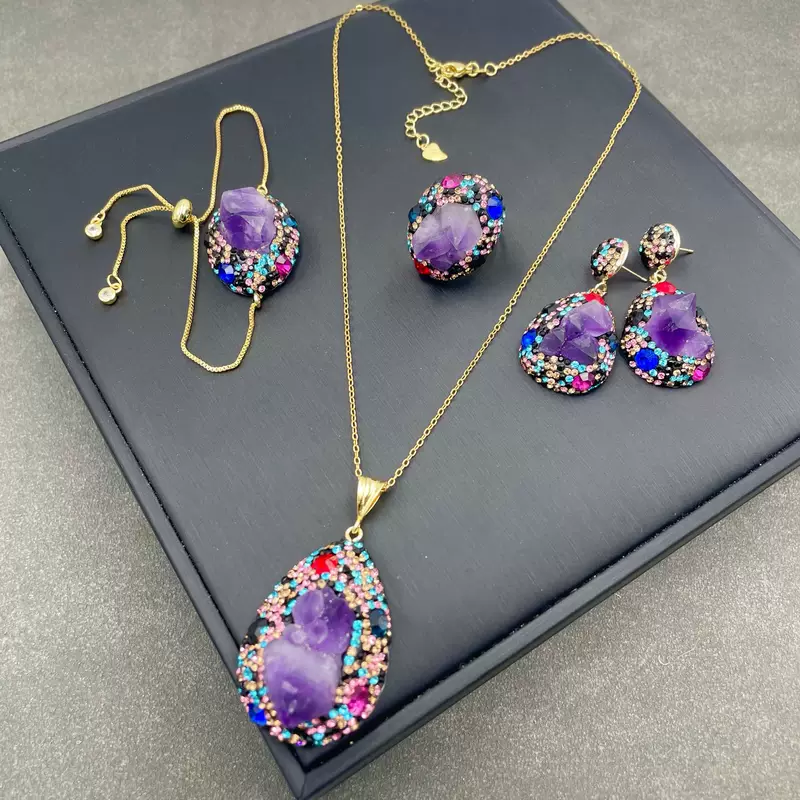 Organic retro set with amethyst, diamond, accessory, European style, wholesale