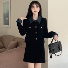 大码女装套装秋冬款韩系小香风外套短裙撞色拼接高级感气质两件套
