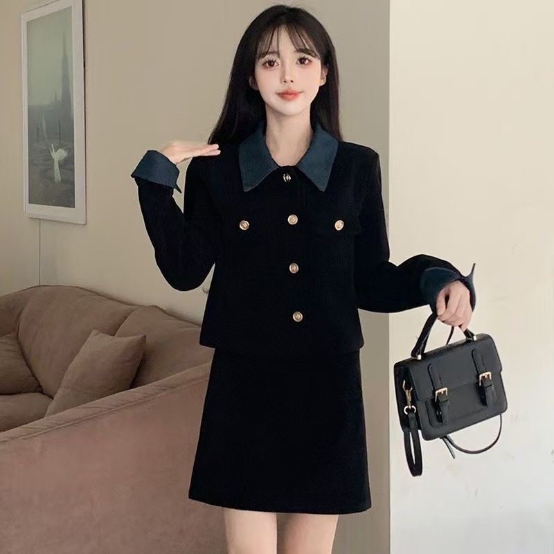大码女装套装秋冬款韩系小香风外套短裙撞色拼接高级感气质两件套
