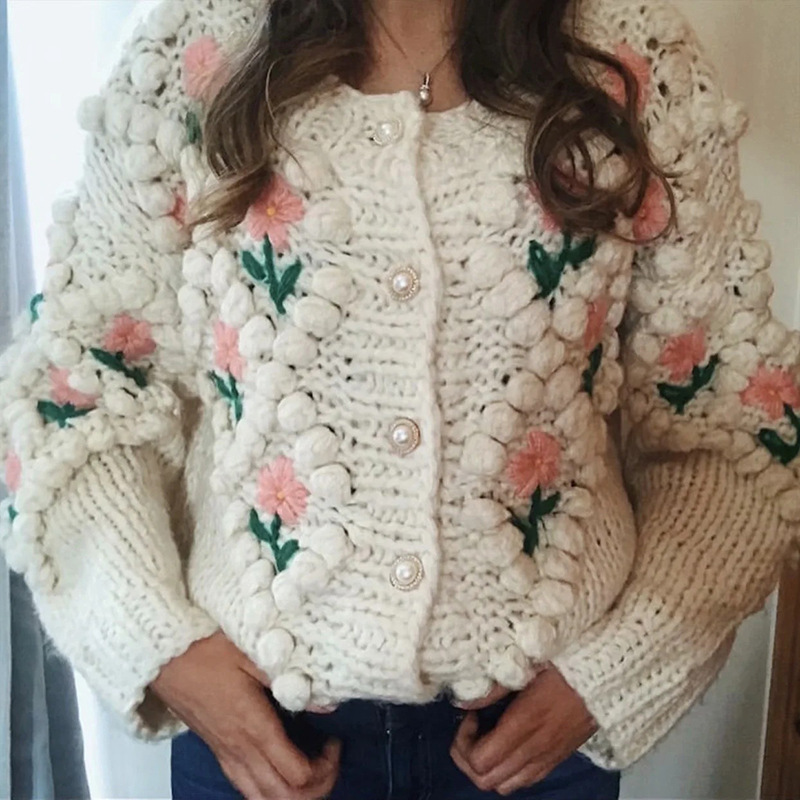 Europeo y americano transfronterizo Amazon otoño e invierno nuevo bordado de ganchillo hecho a mano torcedura perla hebilla suéter de punto cardigan abrigo