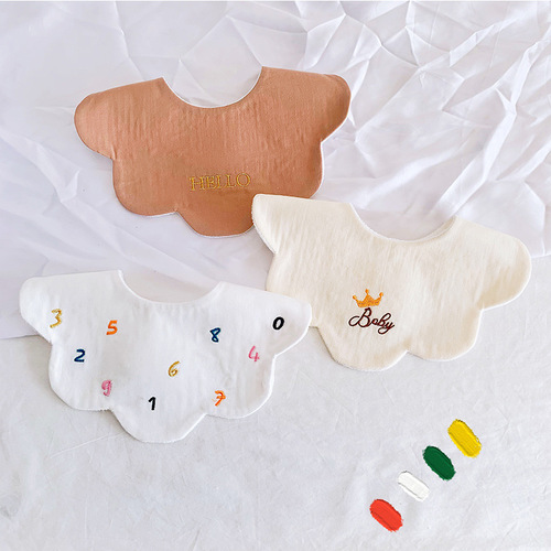 ins spring and autumn new baby embroidered bib thickened waterproof baby gauze saliva napkin sweet flower shape