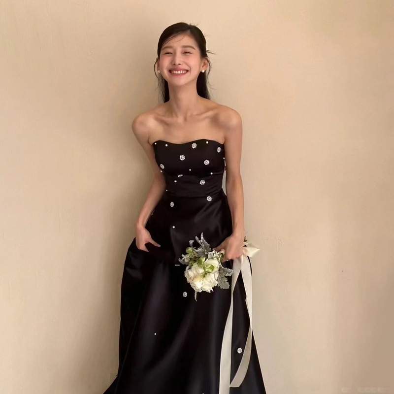 Korean Style Evening Dress Black Satin Simple Beaded High-end Photo Studio Theme Couple Photographing Light Wedding Dress Floor-length Women Korean Style Evening Dress Black Satin Simple Beaded High-end Photo Studio Theme Couple Photographing Light Wedding Dress Floor-length Women
