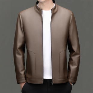 Sheepskin Leather Men's 2025 Spring New Vertical Collar fleece-lined Middle-aged Dad Leather Jacket Coat