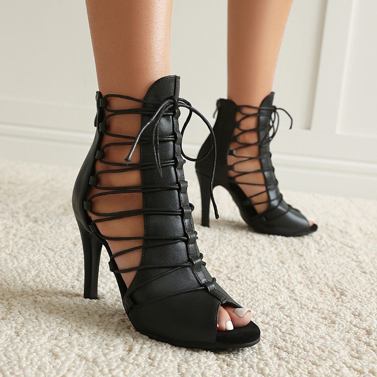 Jazz Dance High Heels, Black Peep-Toe Lace-Up Short Boots, Heels for Special Outfits, New Large Size Sandals for Women