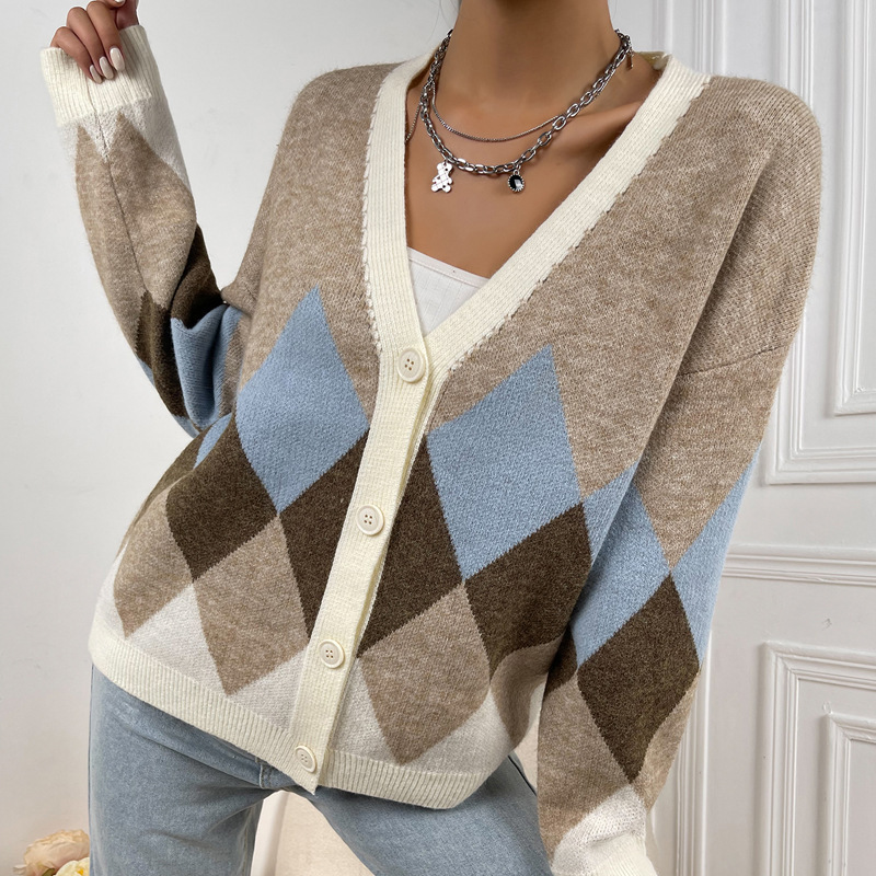 Women V Neck Cardigan Loose Fit S-Vest Blue Knitted