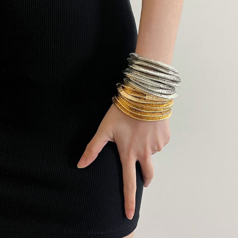 Cross-border European and American Light Luxury Multi-layer Gold and Silver Stacked Stretch Bracelet Women's Niche High-end Retro Bracelet Autumn and Winter Hand
