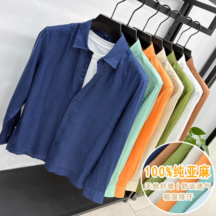 [100% Linen] [Spring New Collection] Pure Linen Shirts for Young and Middle-Aged Men in Candy Color Series Long-Sleeve Shirts