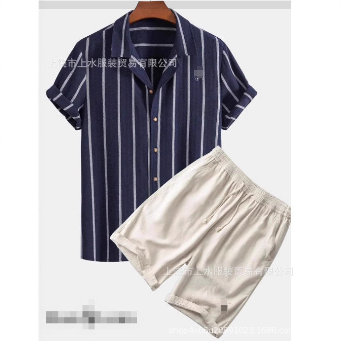 European and American Cross-Border Hawaiian New Men's Suit Amazon Short-Sleeved Customizable Beach Men's Two-Piece Shirt