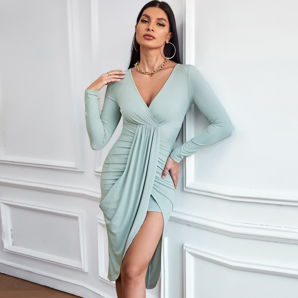Autumn Winter Casual Elegant Slim Fit Sheath Long Sleeve V neck Knitted Dress