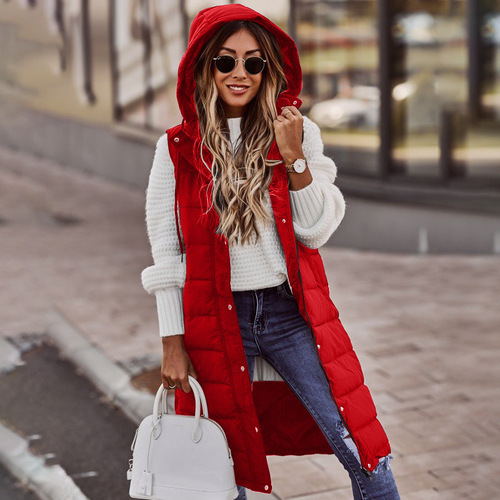 2025 Trendy Plain Color Hooded Zipper Mid-Length Cotton Vest with Slim Fit, Elegant Style Open Cardigan Coat Top for Women