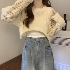 入秋套装一整套吊带罩衫秋季长袖上衣女时尚宽松洋气镂空针织毛衣