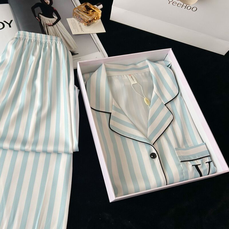 2026 Cross-Border Hot-Selling Striped Ice Silk Pajamas for Women, Spring and Autumn Long-Sleeve Long-Pants Loungewear, Same Style as on Xiaohongshu and Douyin