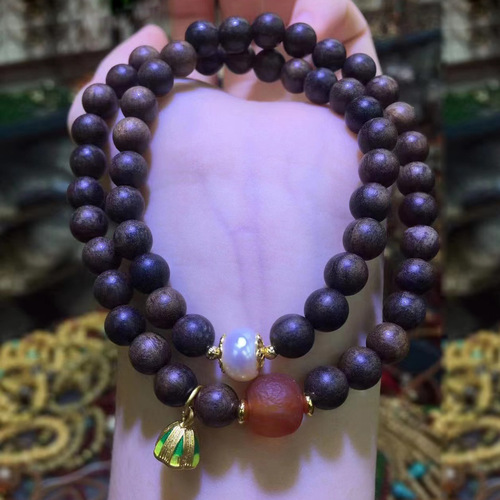 Pengsen wholesale tiger skin agarwood multi-circle bracelet lotus pendant women's summer ethnic style retro hand jewelry