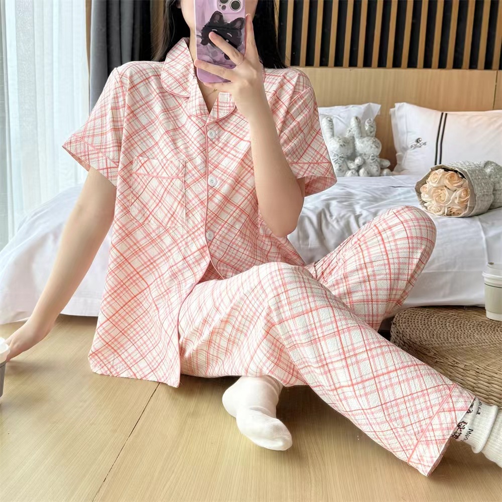 Pajamas de espuma tejidos de verano de algodón pantalones largos de mangas cortas ropa para el hogar de verano delgada de algodón conjunto de dos piezas