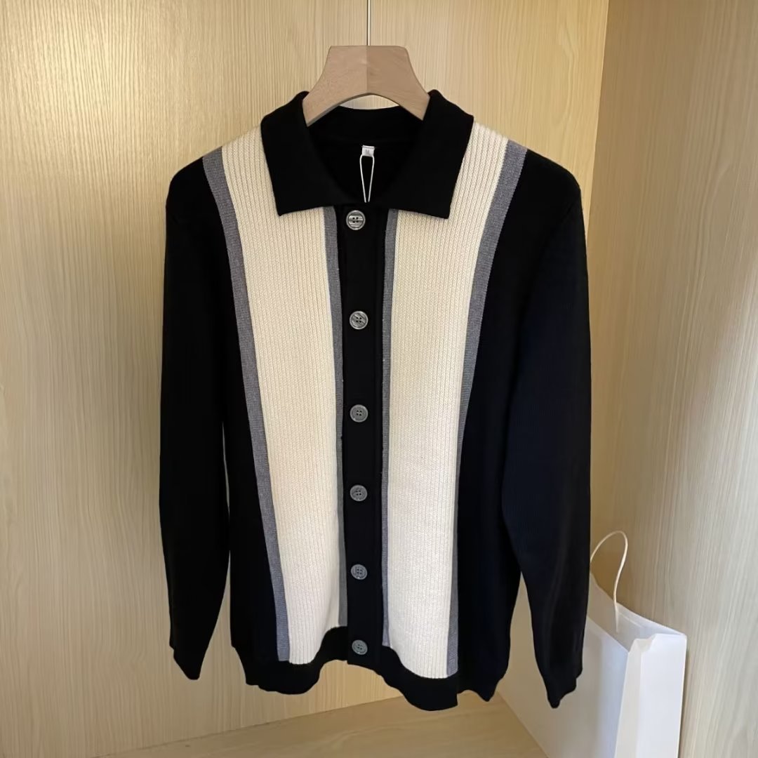 Otoño e invierno nuevo estilo de punto de manga larga para hombres chaqueta de punto a rayas POLO solapa negocios británicos comercio exterior venta al por mayor transfronteriza