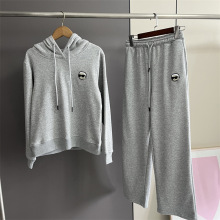 9526女装灰色运动休闲圈棉软胶头像贴布连帽卫衣卫裤套装