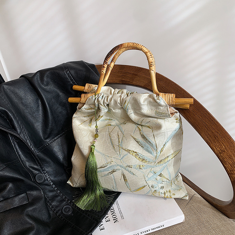 小眾設計新中式包包女包2024新款刺繡大容量購物袋包木質手提包