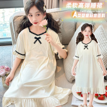 儿童睡裙女孩夏季短袖家居裙2025新款大女童睡衣蕾丝花边公主裙子