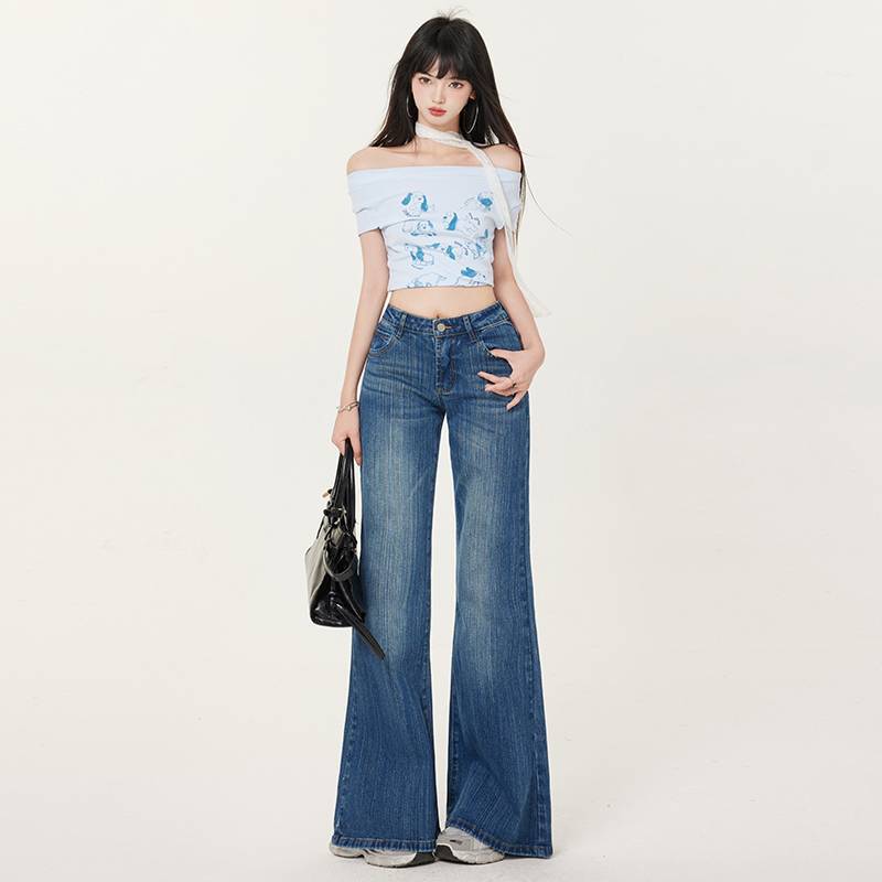 Wholesale Heavy-Duty Bamboo Pattern Super Retro Blue American Low-Waist Wide-Leg Bootcut Jeans with Good Fit and Extended Length