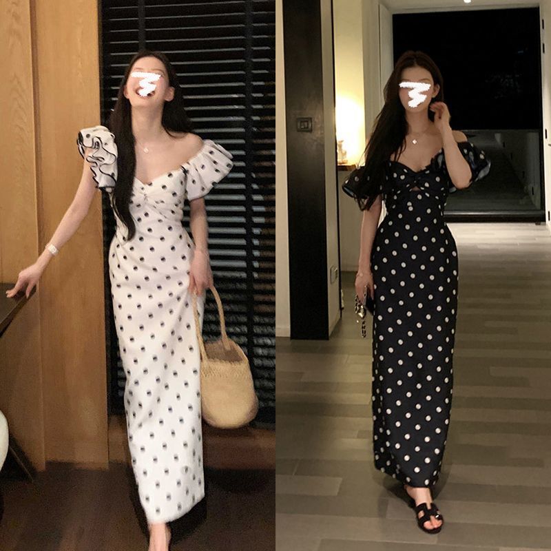 French Style One-Shoulder Polka-Dot Slim Tube Top Dress Summer Pure Lust Suspender Dress Waist Skirt Long Skirt French Style One-Shoulder Polka-Dot Slim Tube Top Dress Summer Pure Lust Suspender Dress Waist Skirt Long Skirt