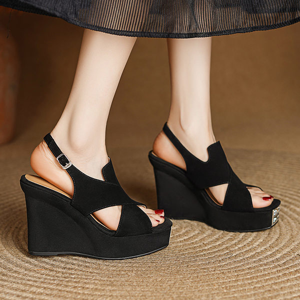 Sandal cao gót nữ hở mũi đế xuồng 10cm da lộn quai miệng cá — Màu đen