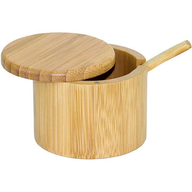 Tarro de sal de bambú transfronterizo suministros de cocina Tarro de condimento de bambú con cuchara Caja de condimento de bambú en stock Estante de especias