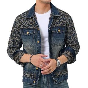 Spring Leopard Print Denim Jacket Men's Slim Casual Clothes Jacket Trendy Patchwork Denim Jacket New Top