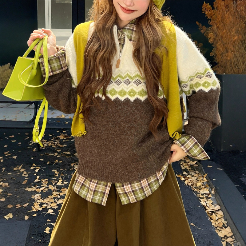 Autumn Island! Contrast Color Floral Fair Isle Pullover Zipper Knitted Sweater for Women