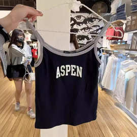 Brandy同款美式复古Aspen字母印花背心bm吊带女修身撞色露脐显瘦
