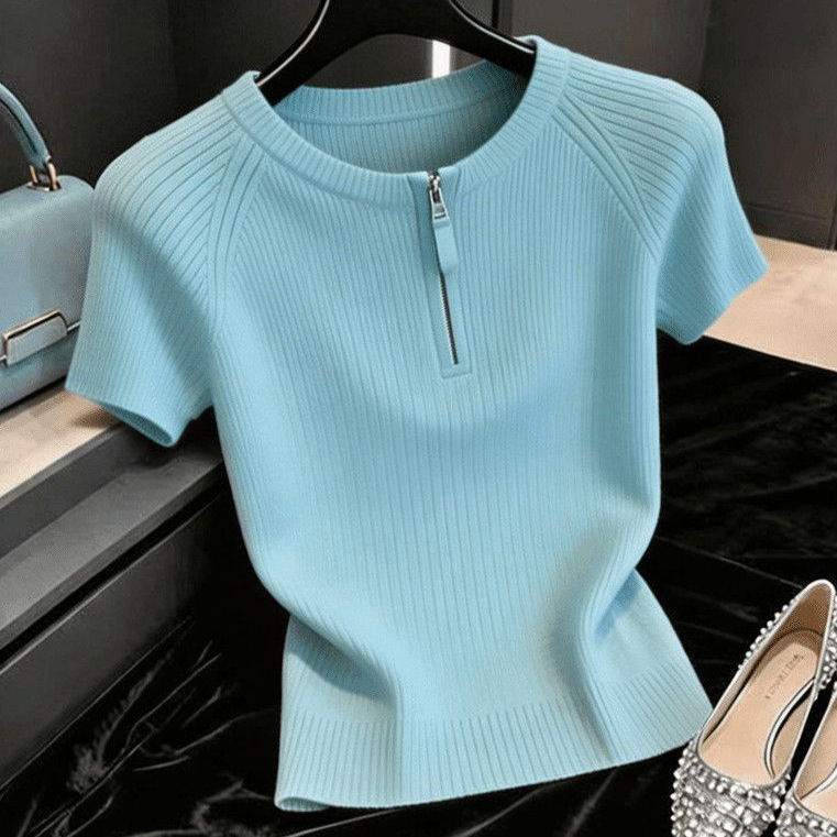 Ice Silk Trendy Versatile Blue Short-Sleeve T-Shirt for Women, 2026 Summer New Korean Style Slim-Fit Knit Top Ice Silk Trendy Versatile Blue Short-Sleeve T-Shirt for Women, 2026 Summer New Korean Style Slim-Fit Knit Top