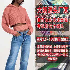 大朗毛衣加工厂小批量来图来样打版定制 帽子套头长袖V领针织衫女