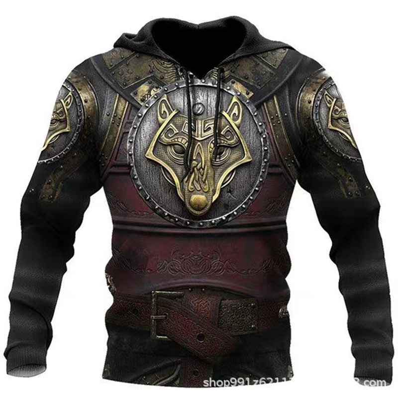 2024 Europa y América Primavera y otoño Moda nuevos hombres Viking Myth Series Cool Armor Print 3D Sudadera con capucha
