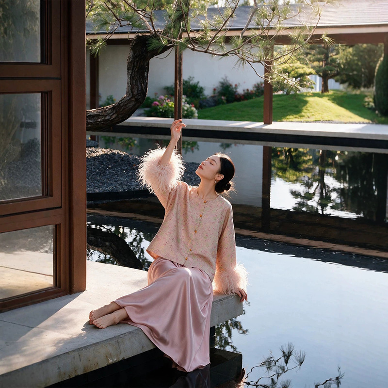 Pink Sakura Fairy Feather｜Ostrich Feather Set Fairy Feather Light Pink Jacquard New Chinese Style Jacket Deconstructed Dynamic Long Skirt