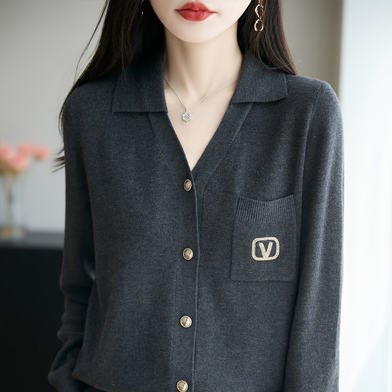 春秋新款精纺羊毛开衫女重工刺绣方领开衫高级感简约休闲百搭上衣|undefined