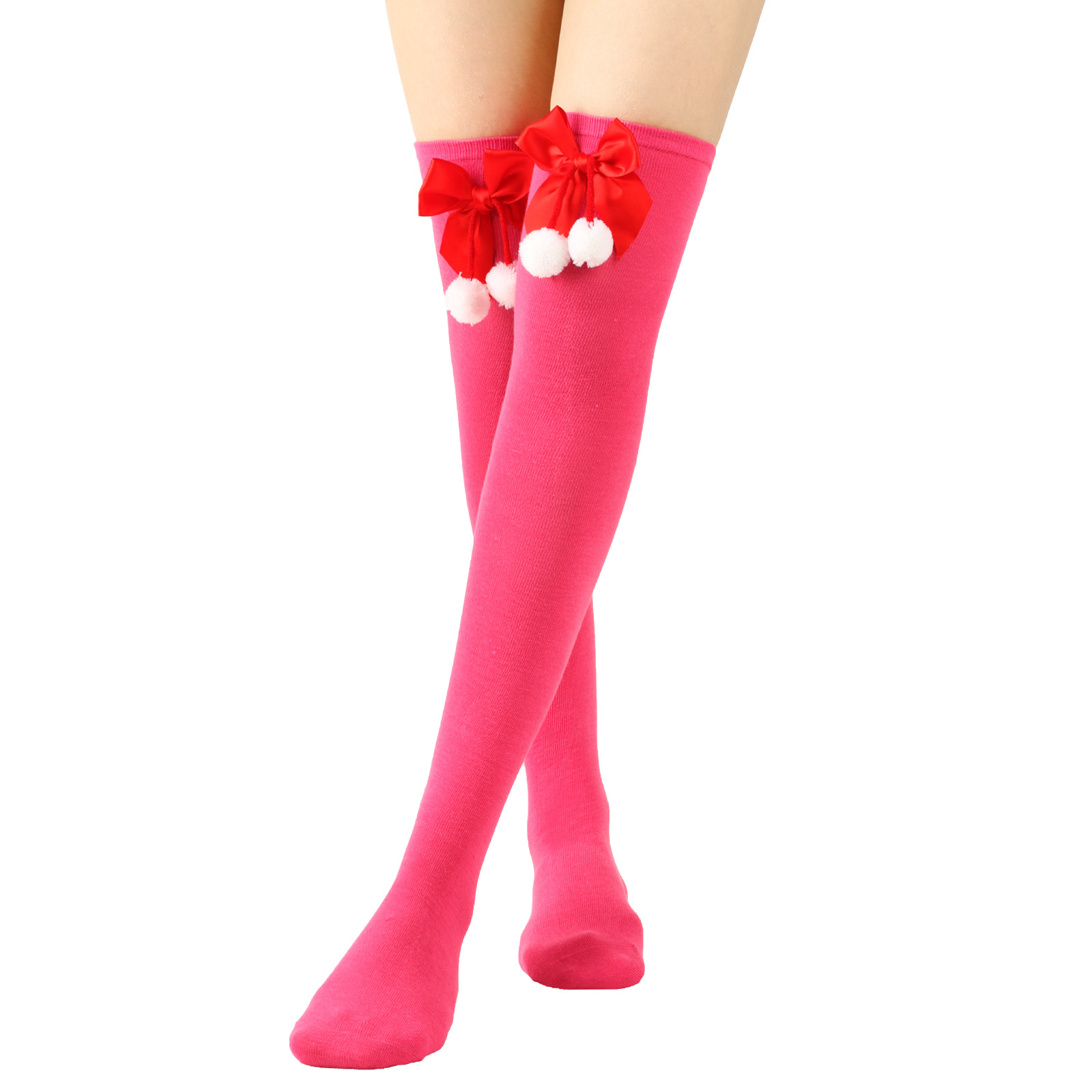 Calzini natalizi unisex con fiocco, calzini a palla, sopra il ginocchio, calzini lunghi da donna, calzini natalizi a righe_voghion.com