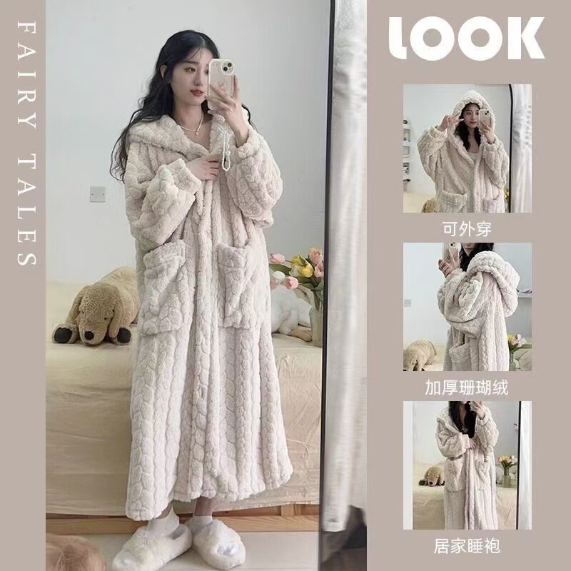 Pajamas for Women, Hooded Coral Velvet Nightgown for Women, Autumn and Winter Thick Velvet Warm Home Clothes, Nightgown, Coral Velvet Nightgown