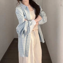 韩系设计感小众蓝色格子衬衫女防晒外套薄款宽松春夏潮牌长袖衬衣