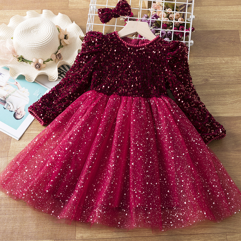 Girls' Sequin Winter Children's Girl Princess Fashionable Splicing Fluffy Yarn Dress Trend_voghion.com