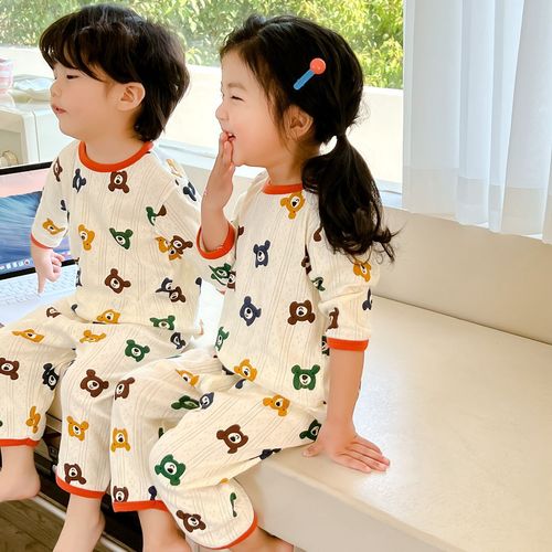 Children's pajamas summer boys and girls mid-sleeves mid-pants pure cotton breathing home clothes set ins baby air-conditioned clothes category A