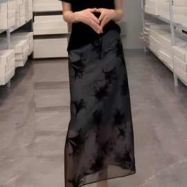 黑色国风网纱植绒半身裙女2026夏季新款高腰显瘦薄款透气直筒裙子