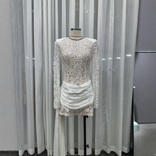 2025秋季新款圆领镶钻蕾丝拼接修身款短裙欧美性感辣妹风连衣裙女