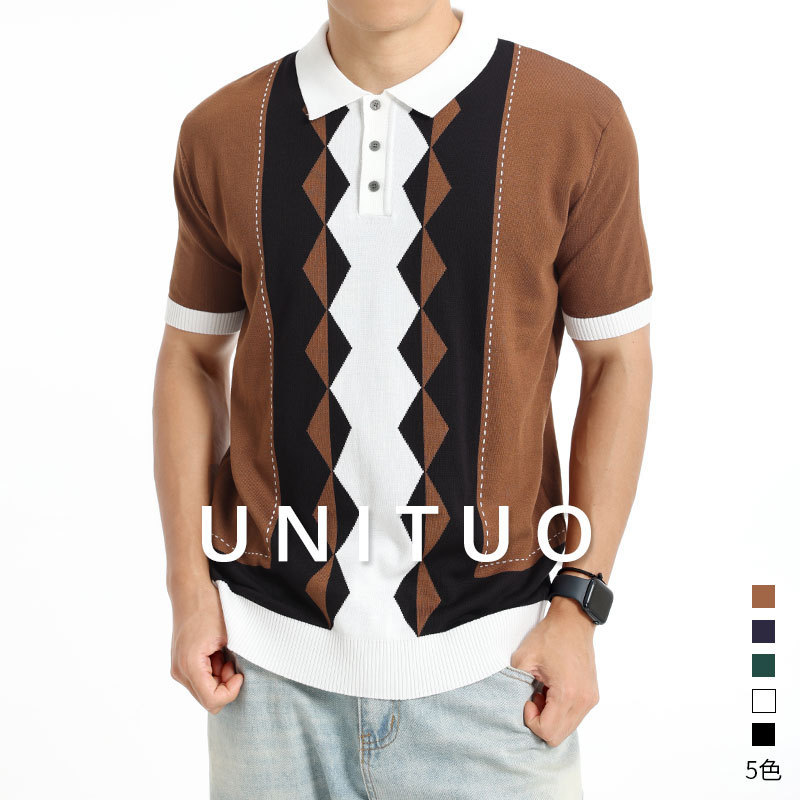 High-End Old Money Style Knitted Ice Silk Polo Shirt for Men, Business Casual Color-Blocked Diamond Jacquard Short-Sleeve Top for Men