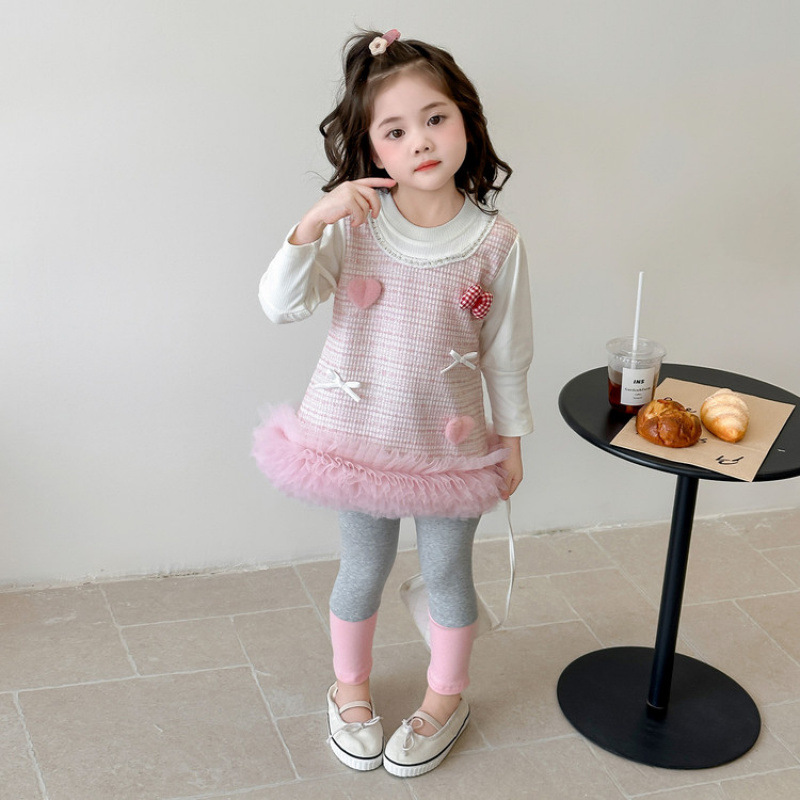 女童小香风春秋装2025新款儿童洋气网纱马甲群打底裤三件套装