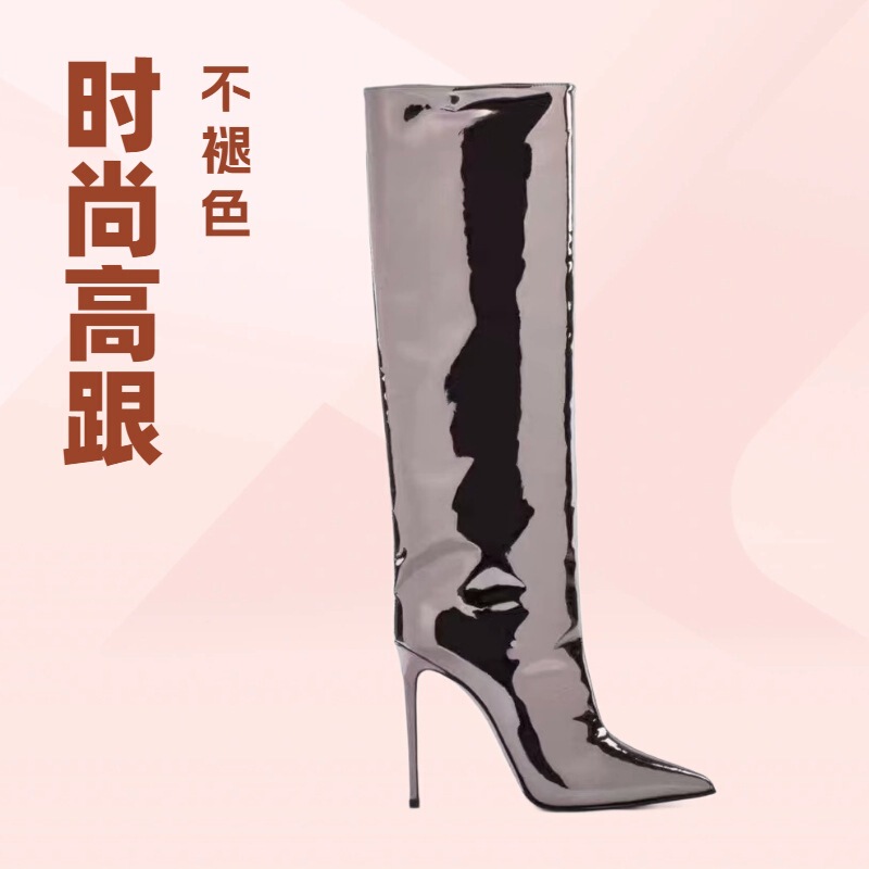 Autumn/Winter 2025 European and American Mid-Calf Boots with Pointed Toe, Stiletto Heels, Silver Color, Non-Returnable, Adult Fashion Boots with Metal Decoration, Martin Style