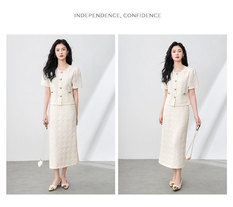Set áo ngắn tay phong cách hương thơm nhỏ kết hợp chân váy ôm hông nữ mùa hè — mơ chi tiết 8